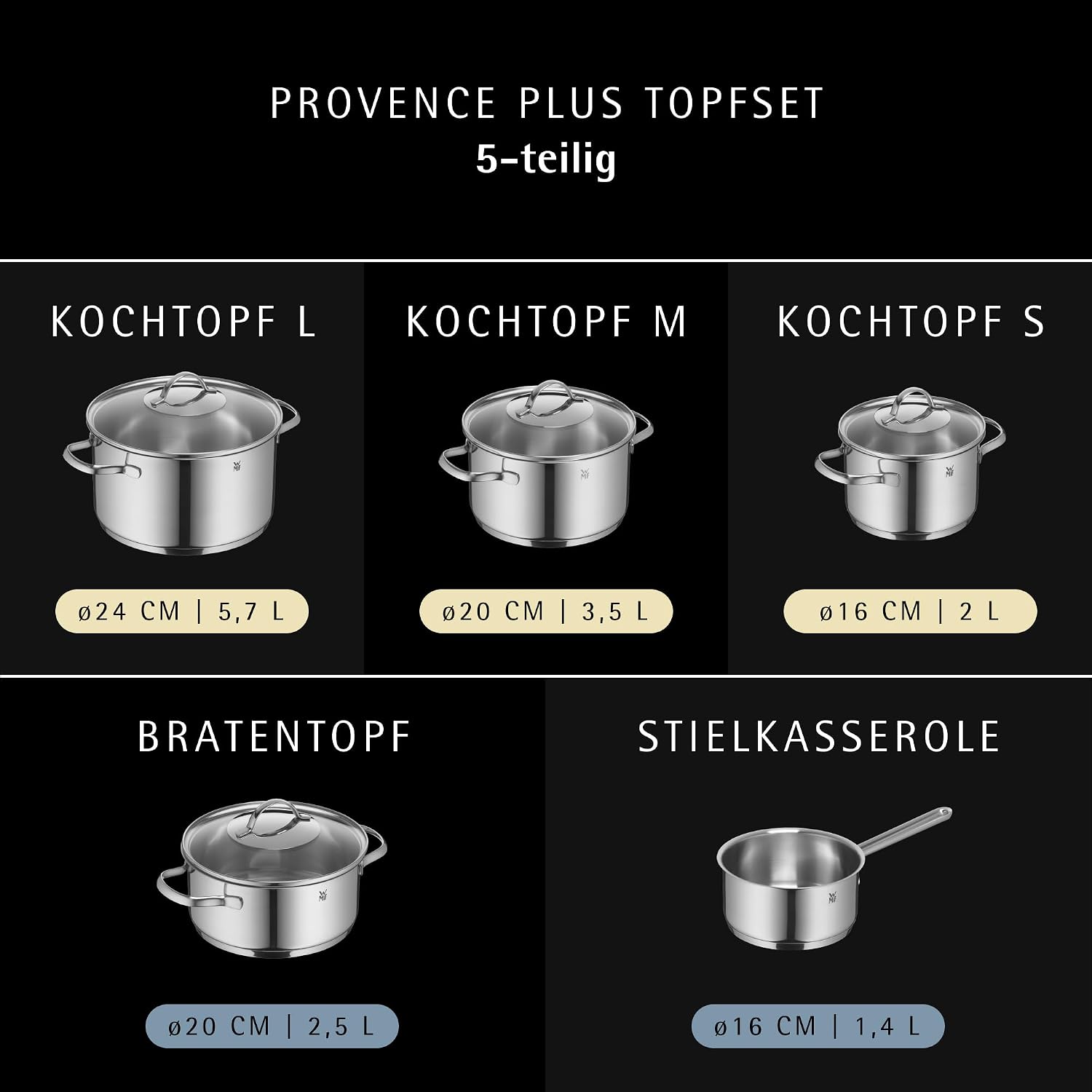 ست ۵ تکه قابلمه WMF Provence Plus با درب شیشهای، استیل ضدزنگ کرومارجان صیقلی، ست قابلمه، بدون روکش