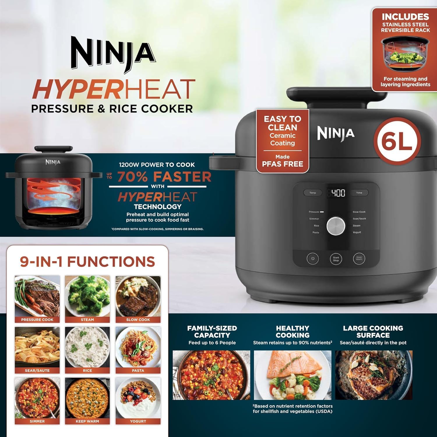 زودپز، آرامپز و پلوپز 9 کاره Ninja HyperHeat، شامل سینی بخار و قابلمه 6 لیتری قابل جدا شدن و قابل شستشو در ماشین ظرفشویی، تهیه ماست، برنج و موارد دیگر، مشکی PC201UK