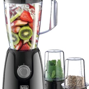 مخلوط‌کن رومیزی BLACK+DECKER با آسیاب قهوه و ادویه، موتور ۴۰۰ وات، پارچ ۱.۵ لیتری، ۲ آسیاب ۳۰۰ میلی‌لیتری، تیغه‌های استیل ضدزنگ، کنترل دوگانه پالس - مدل BX440-B5