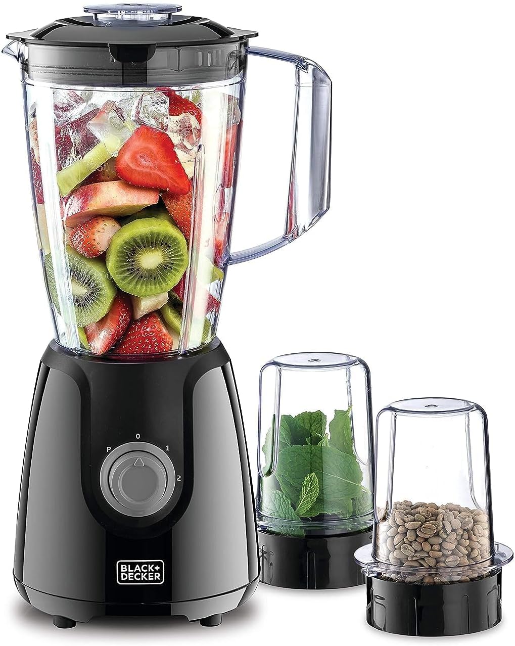 مخلوطکن رومیزی BLACK+DECKER با آسیاب قهوه و ادویه، موتور ۴۰۰ وات، پارچ ۱.۵ لیتری، ۲ آسیاب ۳۰۰ میلیلیتری، تیغههای استیل ضدزنگ، کنترل دوگانه پالس - مدل BX440-B5