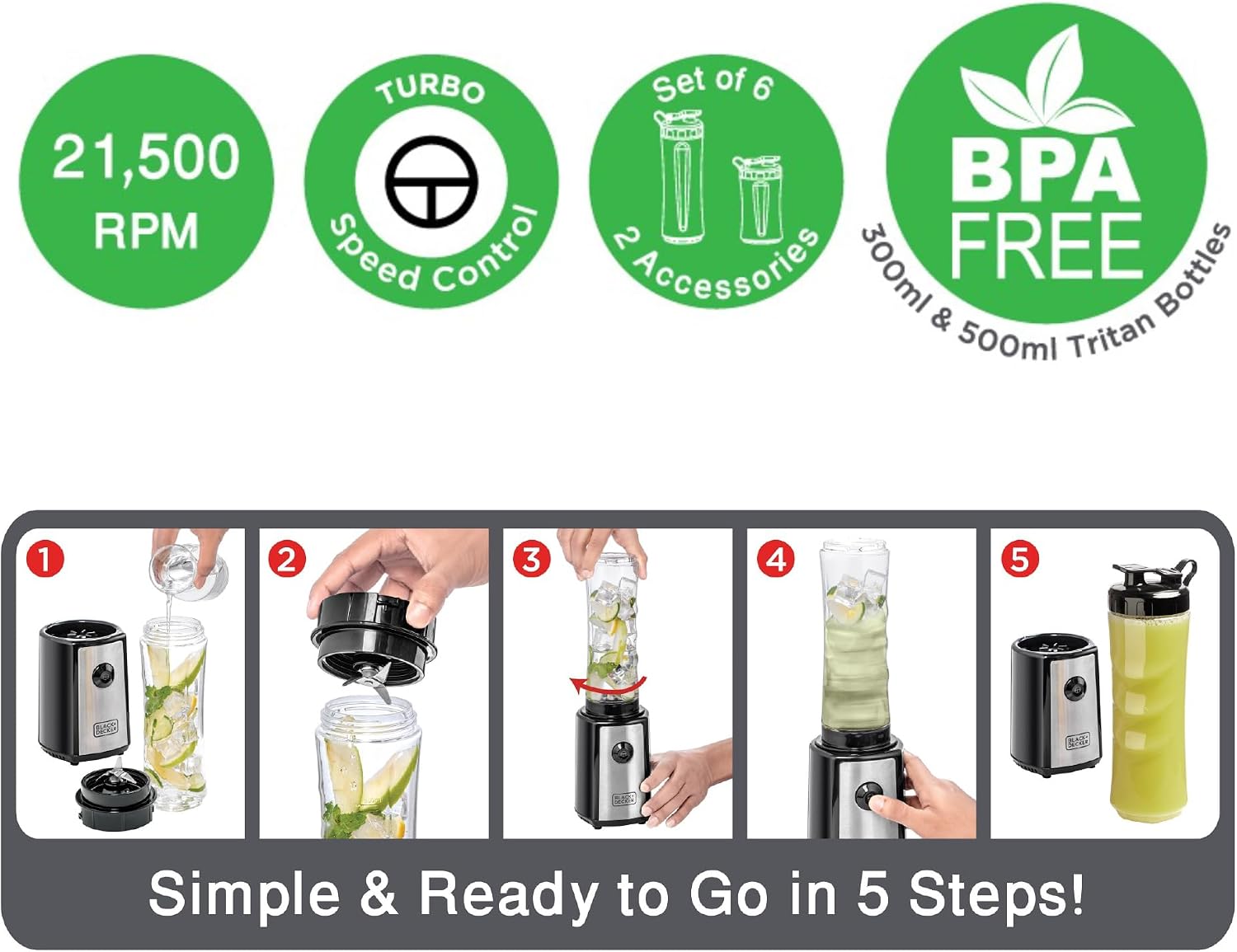 مخلوطکن/اسموتی ساز ورزشی بلک اند دکر، ۳۰۰ وات، ۶ تکه با بطریهای ورزشی ۵۰۰ میلیلیتری و ۳۰۰ میلیلیتری، دور موتور ۲۱۵۰۰ RPM با سرعت توربو، تیغههای استیل ضدزنگ برای خرد کردن یخ و میوههای یخزده، ۲ سال گارانتی، مدل SBX300-B5